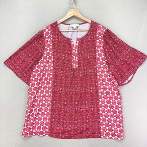Weekend Suzanne Betro Blouse Womens 2X Pink Red Boho Short‎ Sleeve Geometric